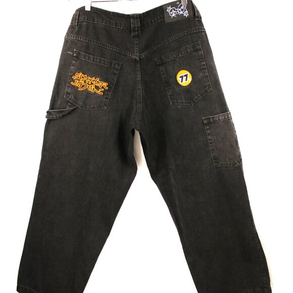 77'S HIP HOP BLACK EMBROIDERED PATCH BAGGY CARPENTER SK8R JEANS SZ Lg GRUNGE - Picture 3 of 14